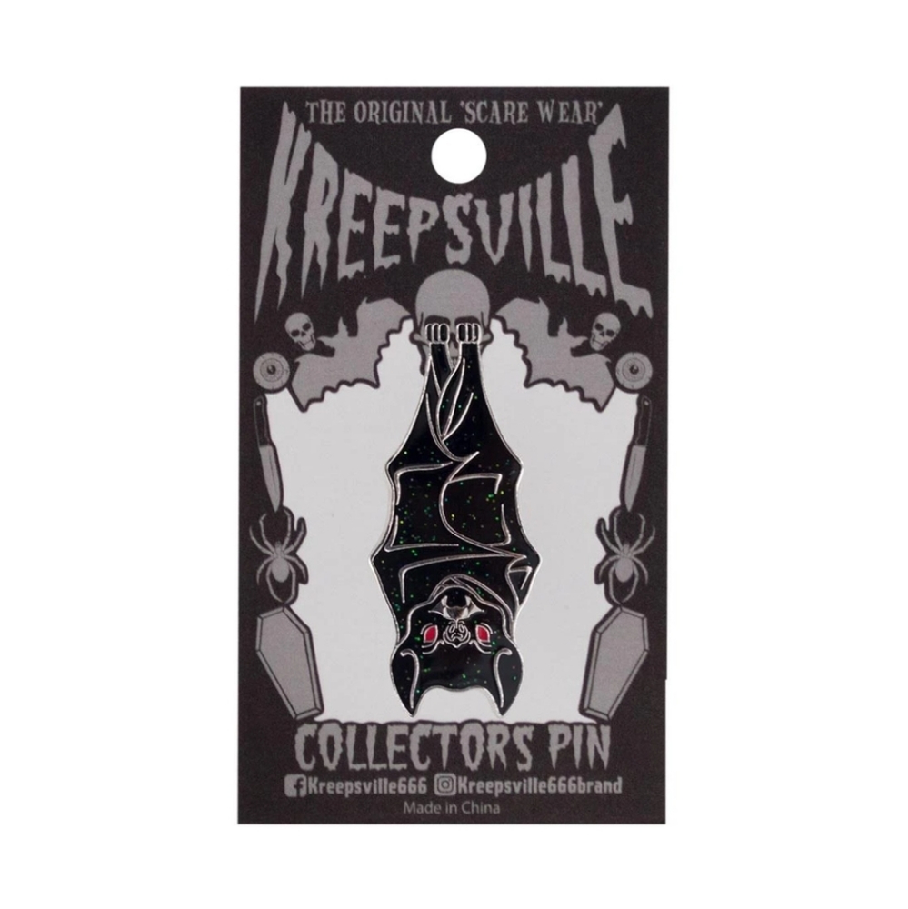 Hanging Bat Glitter Enamel Pin Red Eyes Gothic